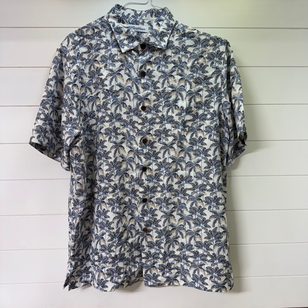Caribbean Mens Large Palm Tree Print Short Sleeve Button Down Tropical Shirt